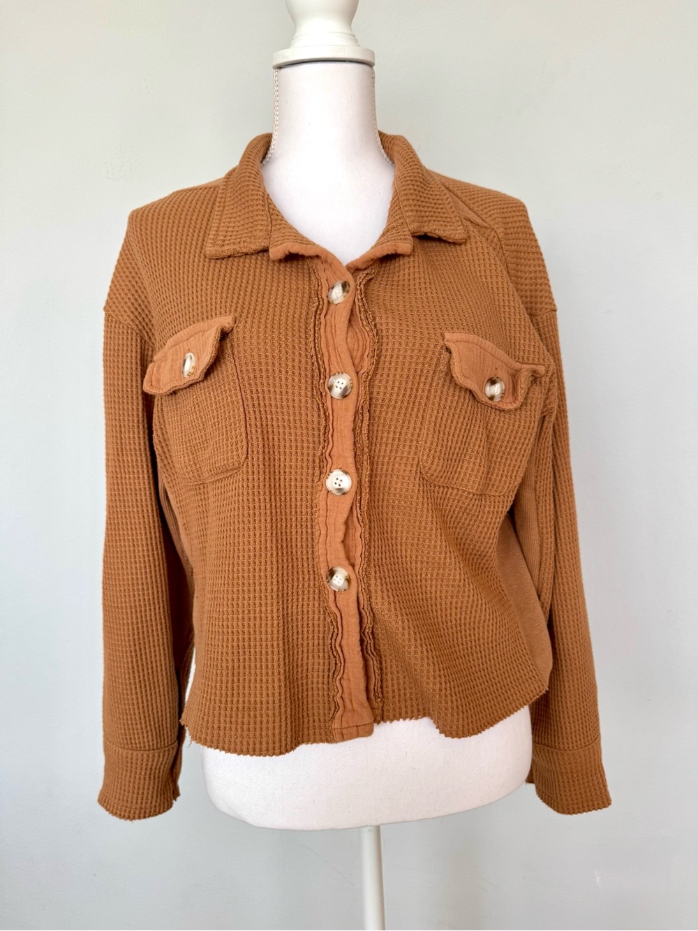 Waffle Knit Button-Up Shacket in Camel Color | M | EUC | Slightly Distressed